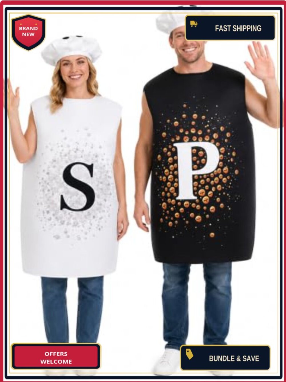 Salt and Pepper Couples Costume Adult Halloween Cosplay 4 Pc Chef Hats